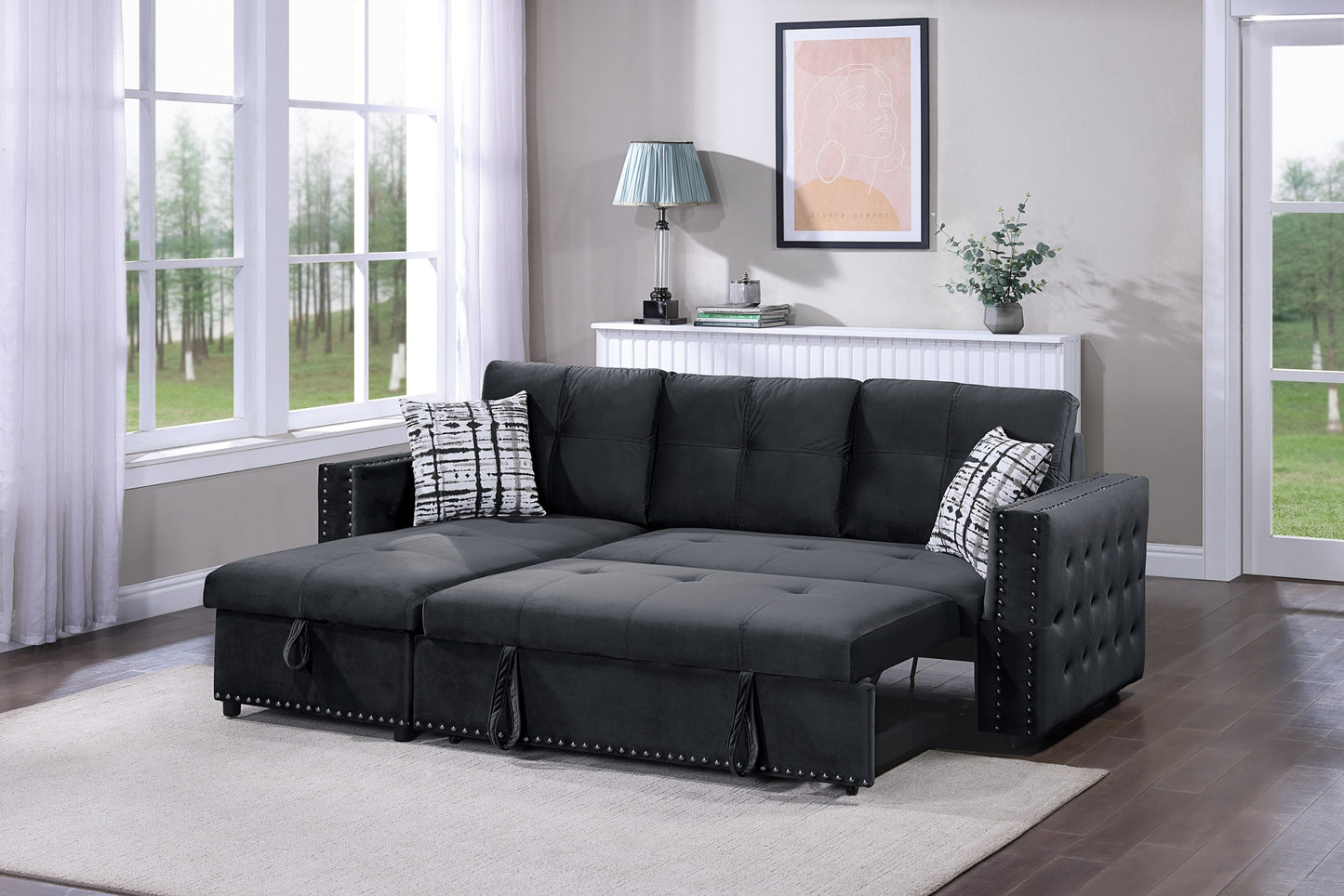 Convertible 2-Piece Sectional Sofa with Pull-Out Bed Reversible Storage Chaise Tufted Back 90x61 Black