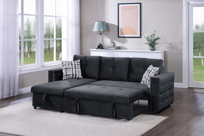 Convertible 2-Piece Sectional Sofa with Pull-Out Bed Reversible Storage Chaise Tufted Back 90x61 Black