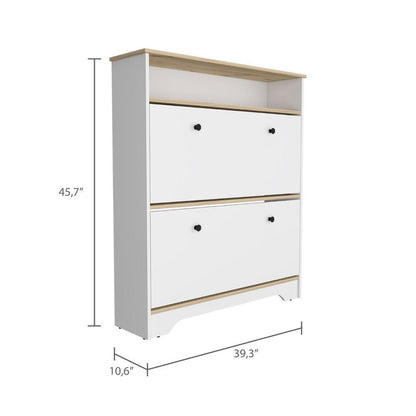 Light Oak and White 2-Tier Shoe Organizer with Two Shelves