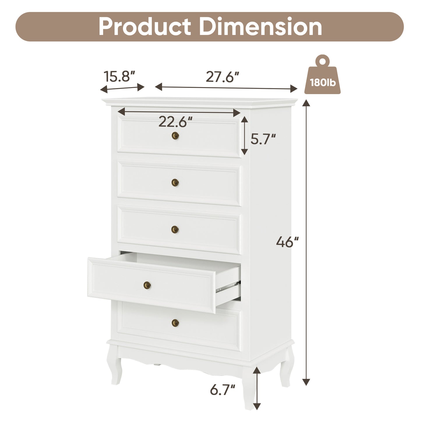 Modern 5-Drawer Dresser with Solid Wood Legs and Chic White Finish for Stylish Storage Solutions