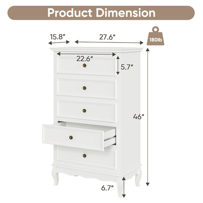 Modern 5-Drawer Dresser with Solid Wood Legs and Chic White Finish for Stylish Storage Solutions