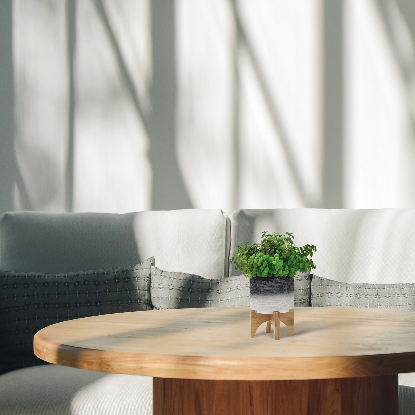 5-Inch Ceramic Planter on Wood Stand for Indoor Use, Drainage Pot for Succulents and Plants Gray