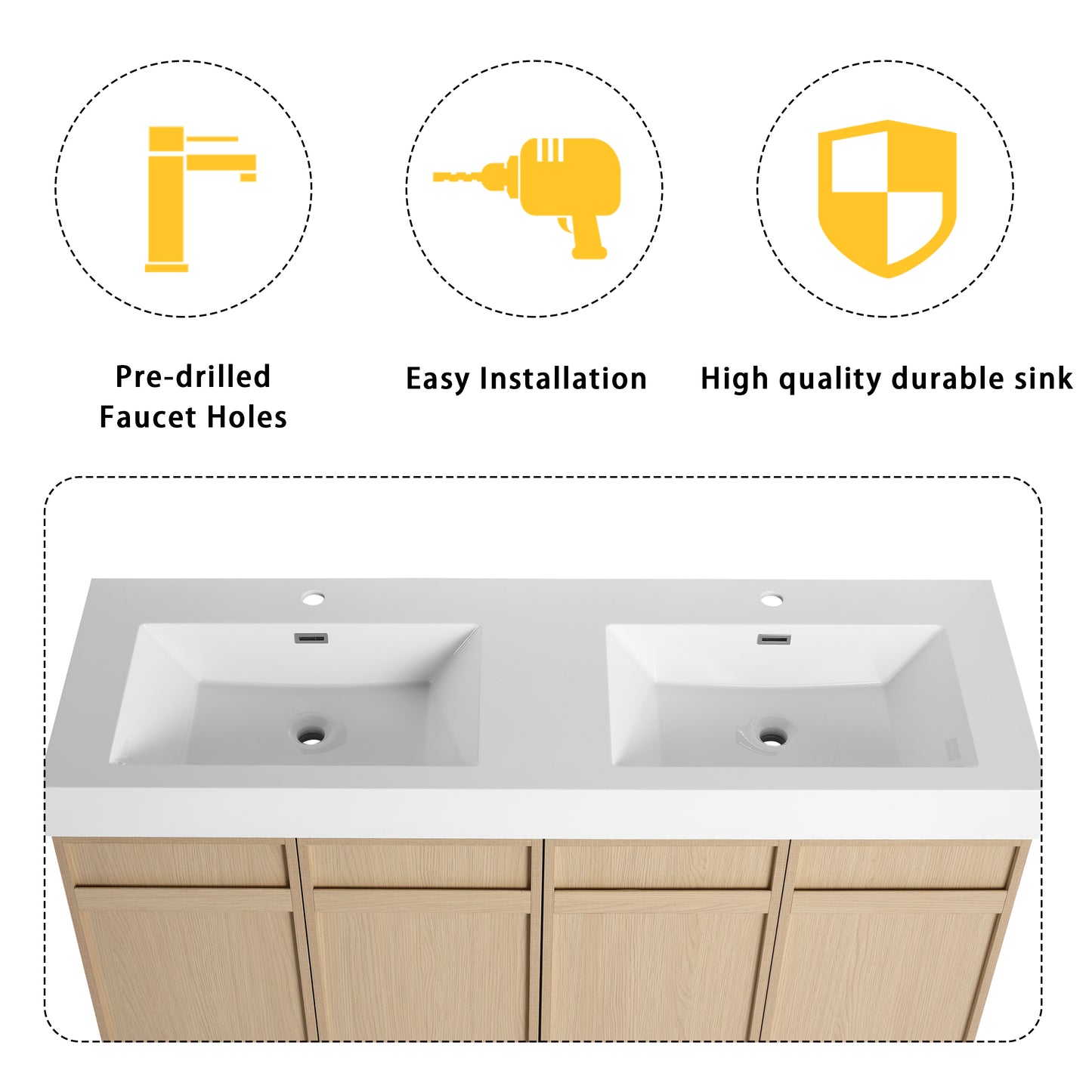 60-Inch Modern Freestanding Bathroom Vanity with Double Resin Sink & Soft-Close Doors