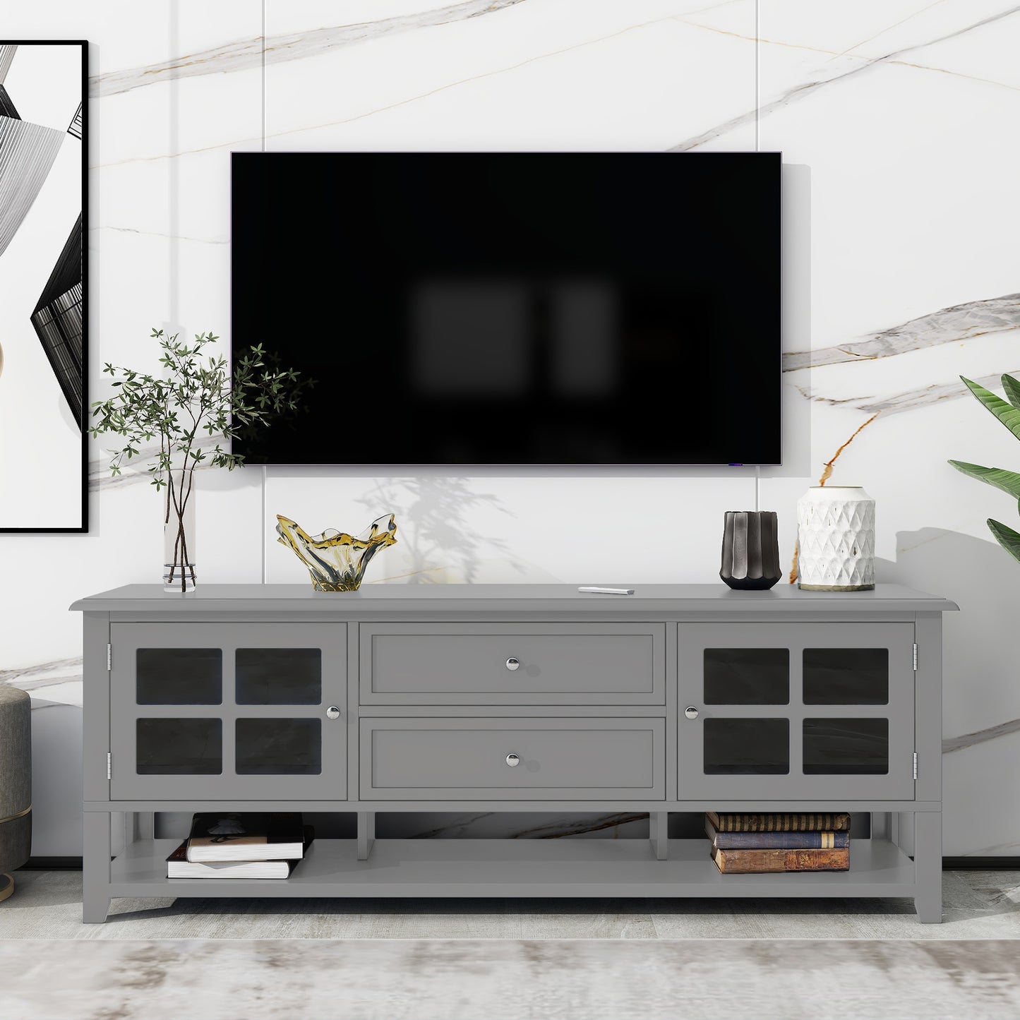 TV Stand for 60-Inch TV, 2 Cabinets, 2 Drawers, Modern MDF Media Console, Concealed Storage Grey