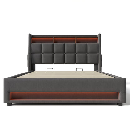 Modern Queen Size Upholstered Platform Bed with Hydraulic Storage, LED Lighting, and USB Port - Grey (Mattress Not Included)