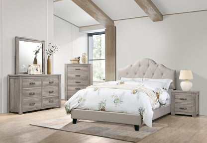 Modern Queen Size Bedframe with Adjustable Light Brown Upholstered Headboard and Tufted Design