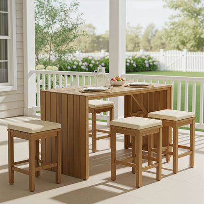 Outdoor Bar Height Dining Set with Acacia Wood Table and 4 Cushioned Stools, 5-Piece Patio Set Beige