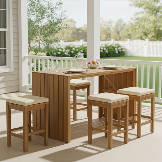 Outdoor Bar Height Dining Set with Acacia Wood Table and 4 Cushioned Stools, 5-Piece Patio Set Beige