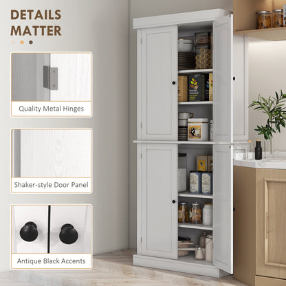 Elegant 72.5" White Freestanding Kitchen Pantry with Adjustable Shelves and 4 Doors