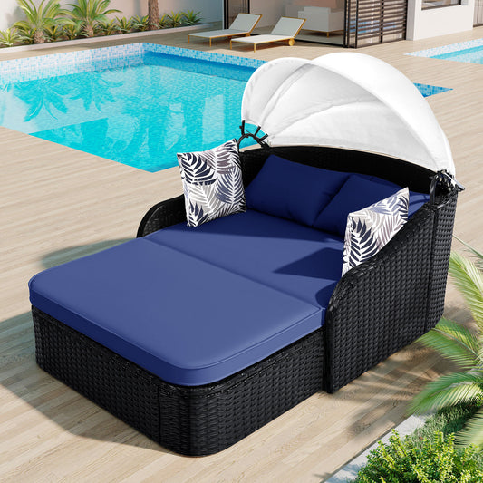 Outdoor Sunbed With Adjustable Canopy, 79.9 Inch PE Rattan Daybed For Double Lounge, Black Wicker Blue Cushion