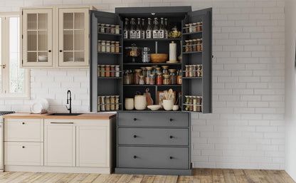 Tall Gray Farmhouse Kitchen Pantry Cabinet with Adjustable Shelves, Drawers, and Door Storage Solutions