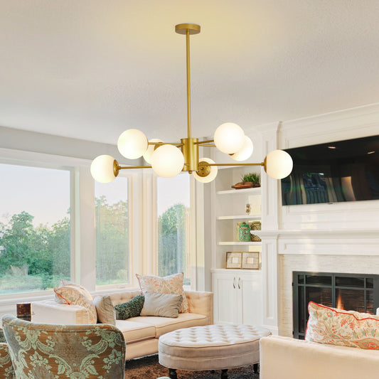 8-Light Modern Chandelier with White Glass Globes, Mid-Century Branching Iron Frame Ceiling Fixture Gold