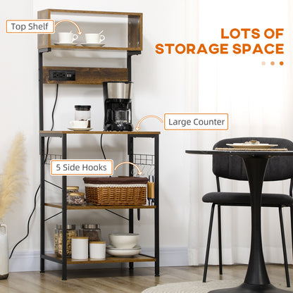 Rustic Brown Kitchen Bakers Rack with Power Outlet, USB Charging, Adjustable Shelves, and Coffee Bar Functionality
