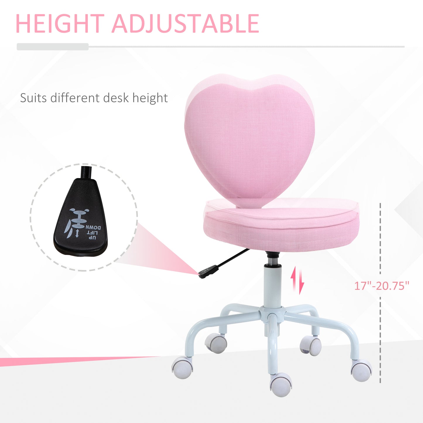 Cute Pink Heart-Shaped Swivel Office Chair with Adjustable Height and Rolling Wheels