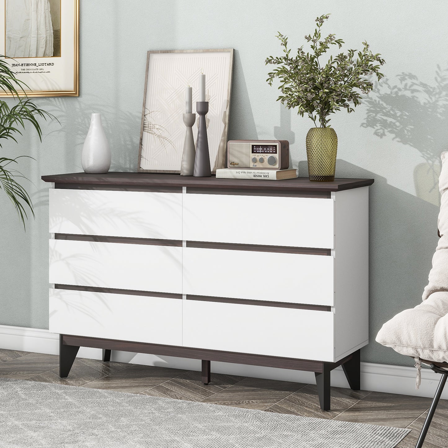 Modern 6-Drawer White Dresser for Bedroom and Living Room, Multi-Functional Storage Chest with Spacious Drawers, 47.2'' W x 15.74'' D x 30.7'' H
