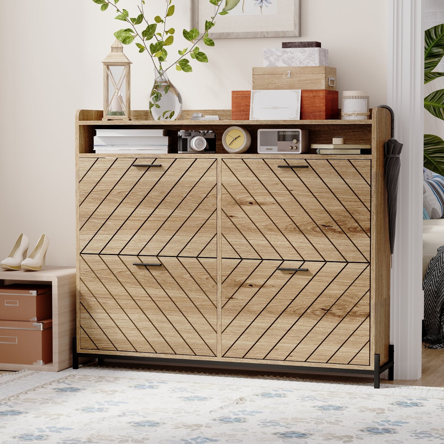 Modern Rustic Shoe Storage Cabinet with Flip Drawers