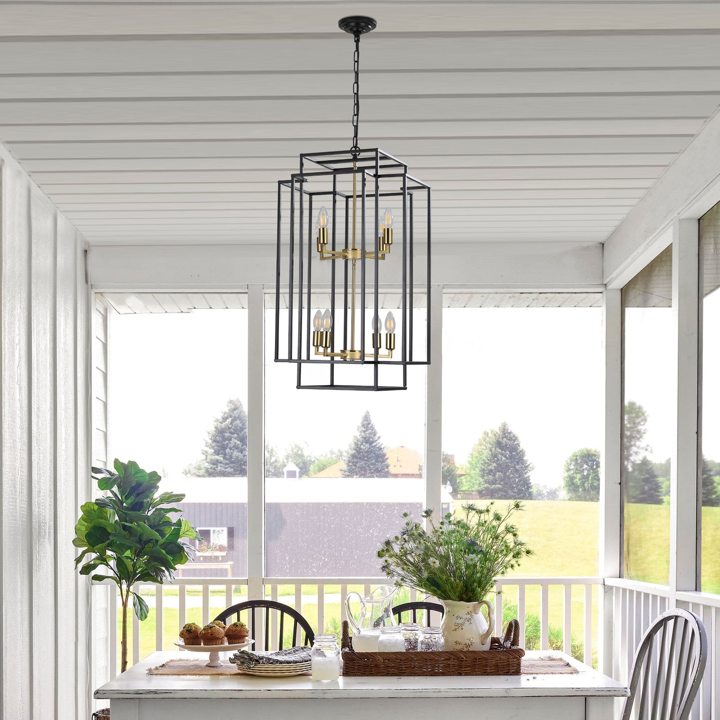 8-Light Lantern Pendant Industrial Farmhouse Chandelier Kitchen Island 60in Adjustable Boom Black & Gold