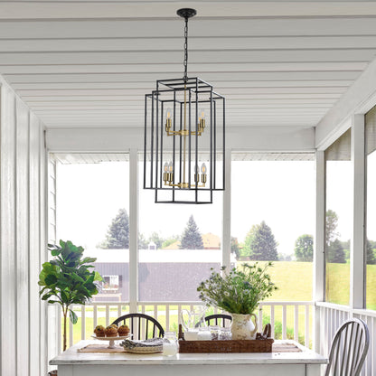 8-Light Lantern Pendant Industrial Farmhouse Chandelier Kitchen Island 60in Adjustable Boom Black & Gold