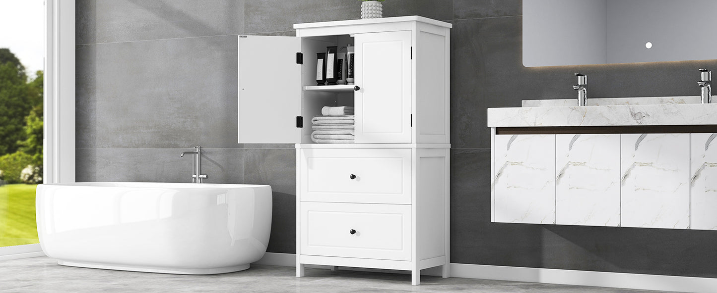 White MDF Bathroom Storage Cabinet with Adjustable Shelves, Two Doors, and Drawers