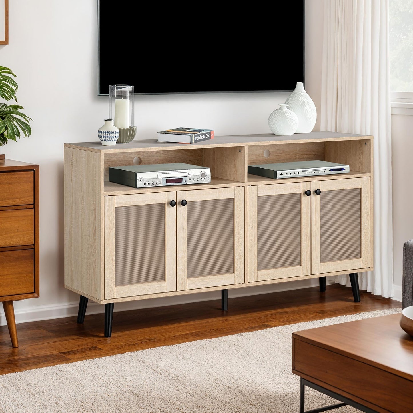 56-Inch Mid-Century Modern TV Stand with Tapered Legs, 2-Door, Black Knobs, Wood, Natural Finish