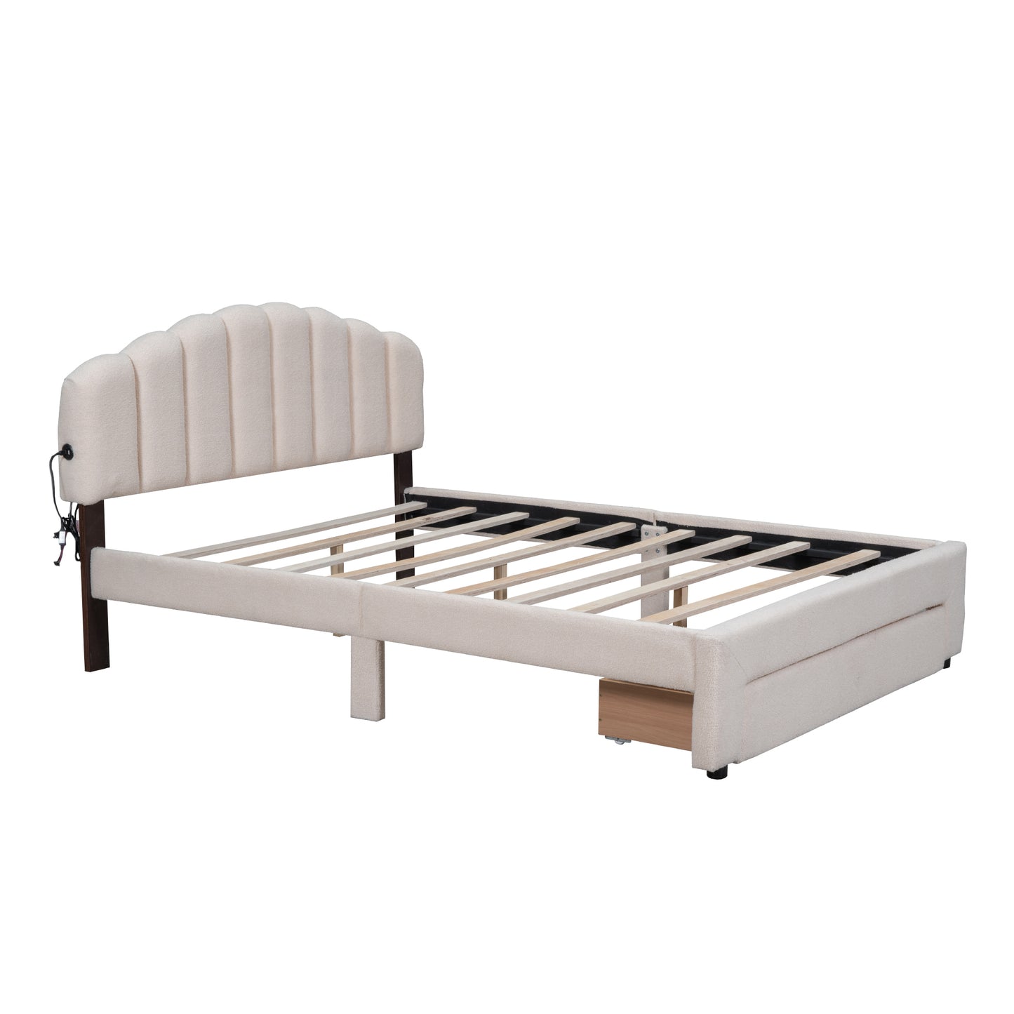 Beige Teddy Fleece Queen Upholstered Platform Bed with Storage Drawer