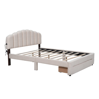 Beige Teddy Fleece Queen Upholstered Platform Bed with Storage Drawer