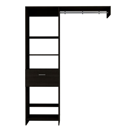 Manchester 150 Modern Closet Organizer with Metal Rod, Open Shelving, and Drawer - Black