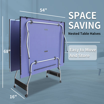 8ft Mid-Size Foldable TT Table for Indoor/Outdoor - Portable Ping Pong Set w/ Net, 2 Paddles, 3 Balls Blue