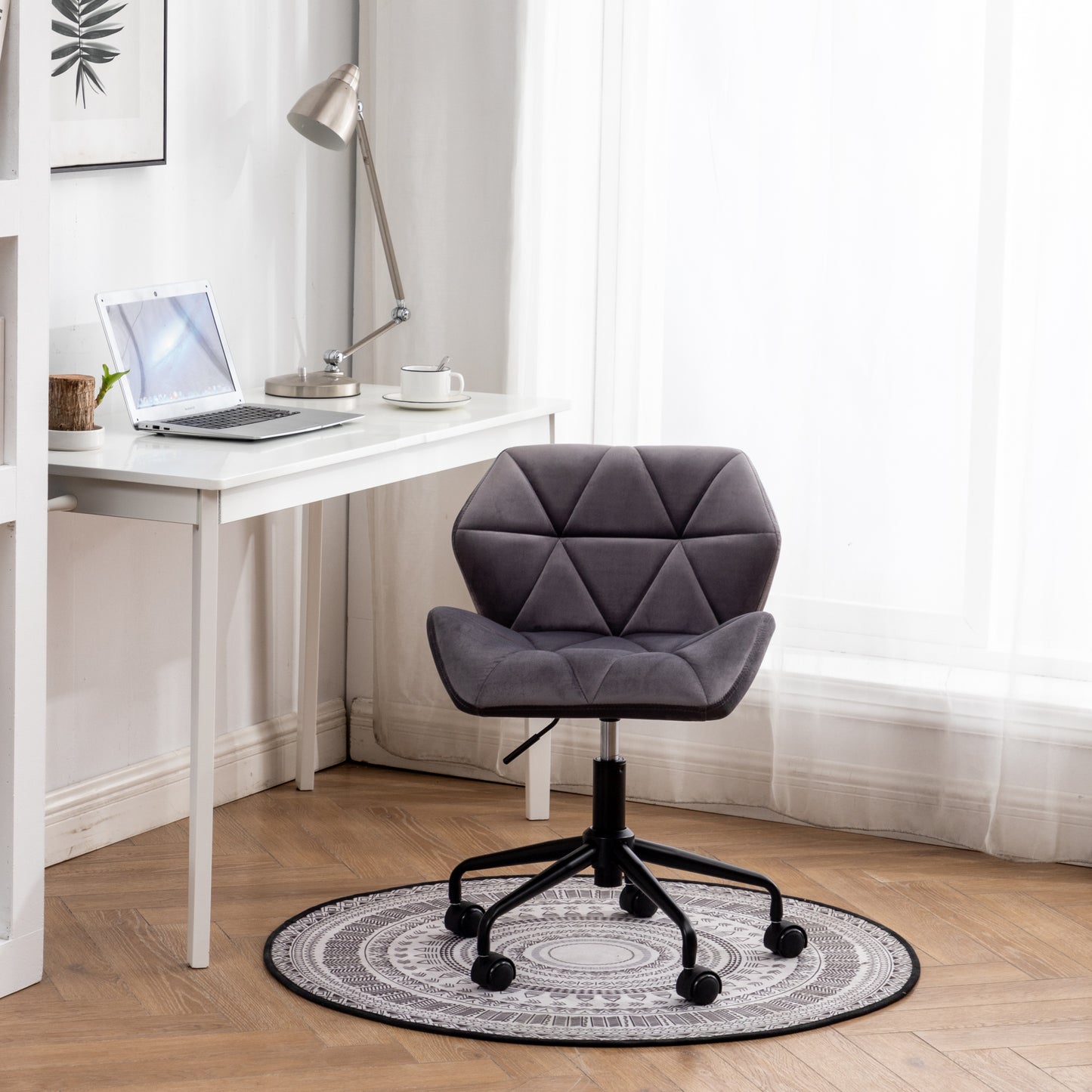Gray Velvet Adjustable Swivel Office Chair with Diamond Tufting