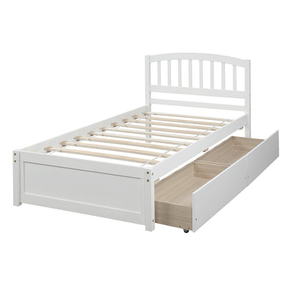 Elegant White Twin Platform Bed with Storage Drawers and Headboard