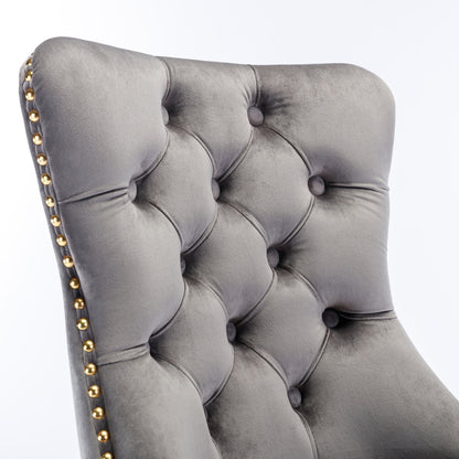 Luxurious Gray Velvet Tufted Home Office Chair with Gold Metal Base, Adjustable Swivel Design
