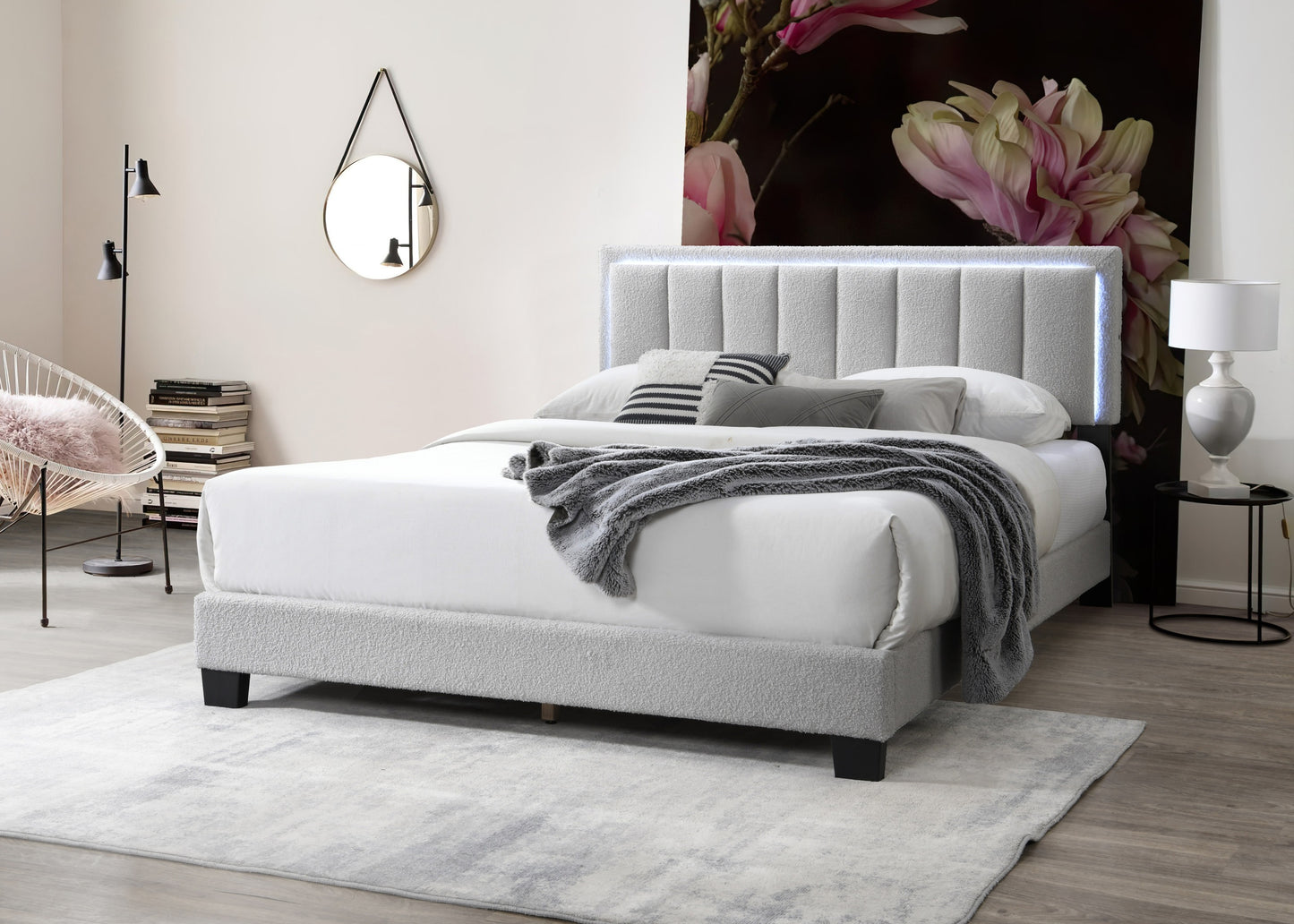 Elegant Light Gray Wool Upholstered Queen Bed with LED Channel Tufted Headboard