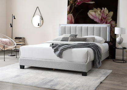 Elegant Light Gray Wool Upholstered Queen Bed with LED Channel Tufted Headboard