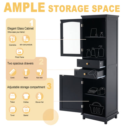 63" Tall Bathroom Storage Cabinet with Glass Doors, Free-Standing, Two Drawers, and Adjustable Shelves, MDF Board, Painted Black - Perfect for Displaying Your Favorite Items