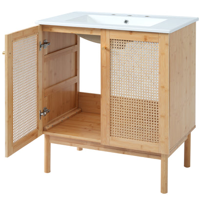 Elegant 30-Inch Natural Bamboo Bathroom Vanity with Artisanal Rattan Doors and Soft-Close Mechanism