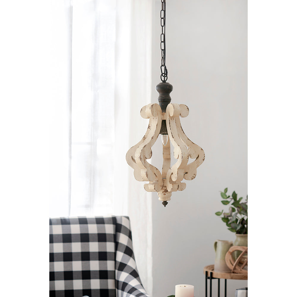 Farmhouse Wood & Iron One-Light Pendant Chandelier for Living Room or Foyer, Bulb Not Included, Cream
