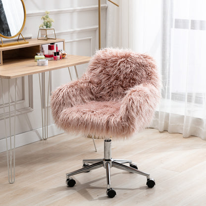 Chic Pink Faux Fur Makeup Vanity Chair with Adjustable Height and Chrome Base