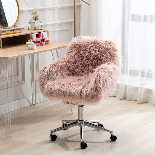 Chic Pink Faux Fur Makeup Vanity Chair with Adjustable Height and Chrome Base