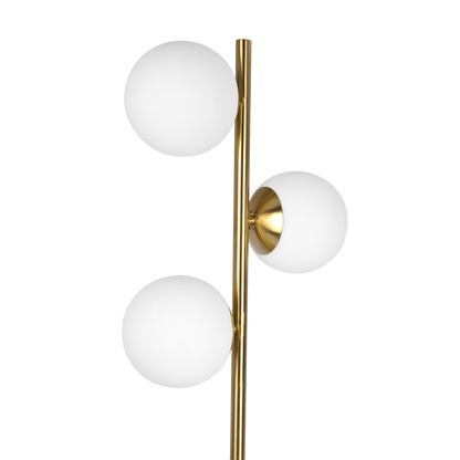 Modern Floor Lamp with Opal Glass Shades, 64-Inch Tall, Brass Round Base, Warm Ambient Lighting, Gold