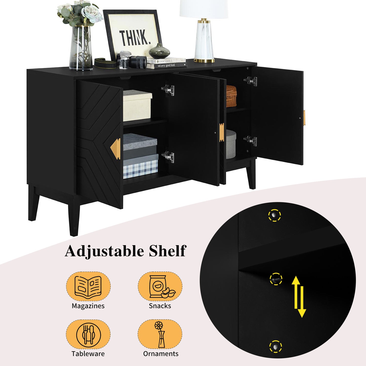 4-Door Sideboard Storage Cabinet for Living Room and Dining Room, Two Large Cabinets with Gold Handles and Adjustable Shelf, Black