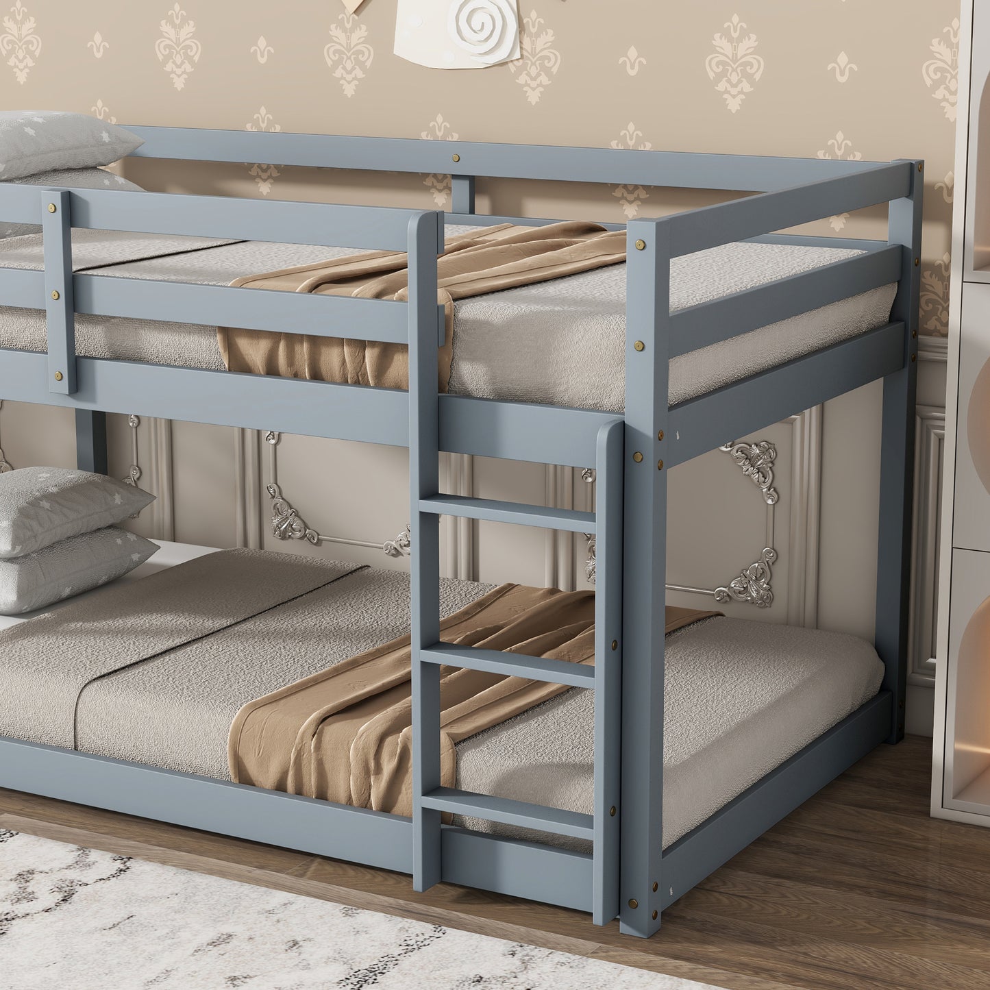 Durable Grey Twin over Twin Loft Bed with Ladder and Sturdy Slat Support