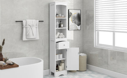 White Freestanding Tall Storage Cabinet for Bathroom with Adjustable Shelves and Drawer, MDF Construction