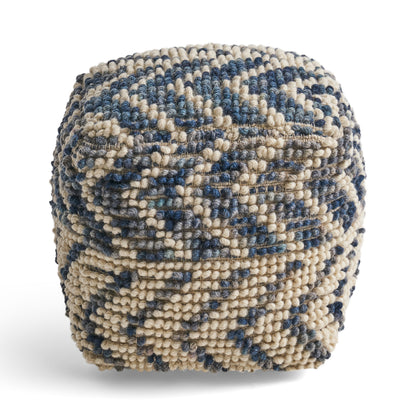 Alina Wool and Cotton Pouf, Natural and Blue Design, 16x16x16