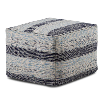 Square Pouf, 18x18x14 in, Cotton Cover, Bead-Filled, Multi-Functional Footstool & Seat Blue Melange