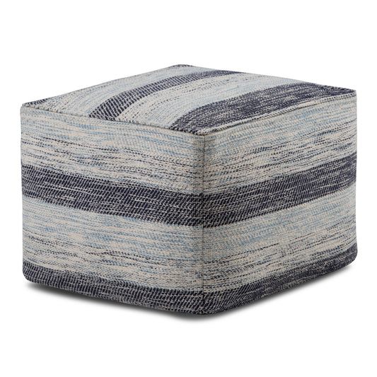 Square Pouf, 18x18x14 in, Cotton Cover, Bead-Filled, Multi-Functional Footstool & Seat Blue Melange