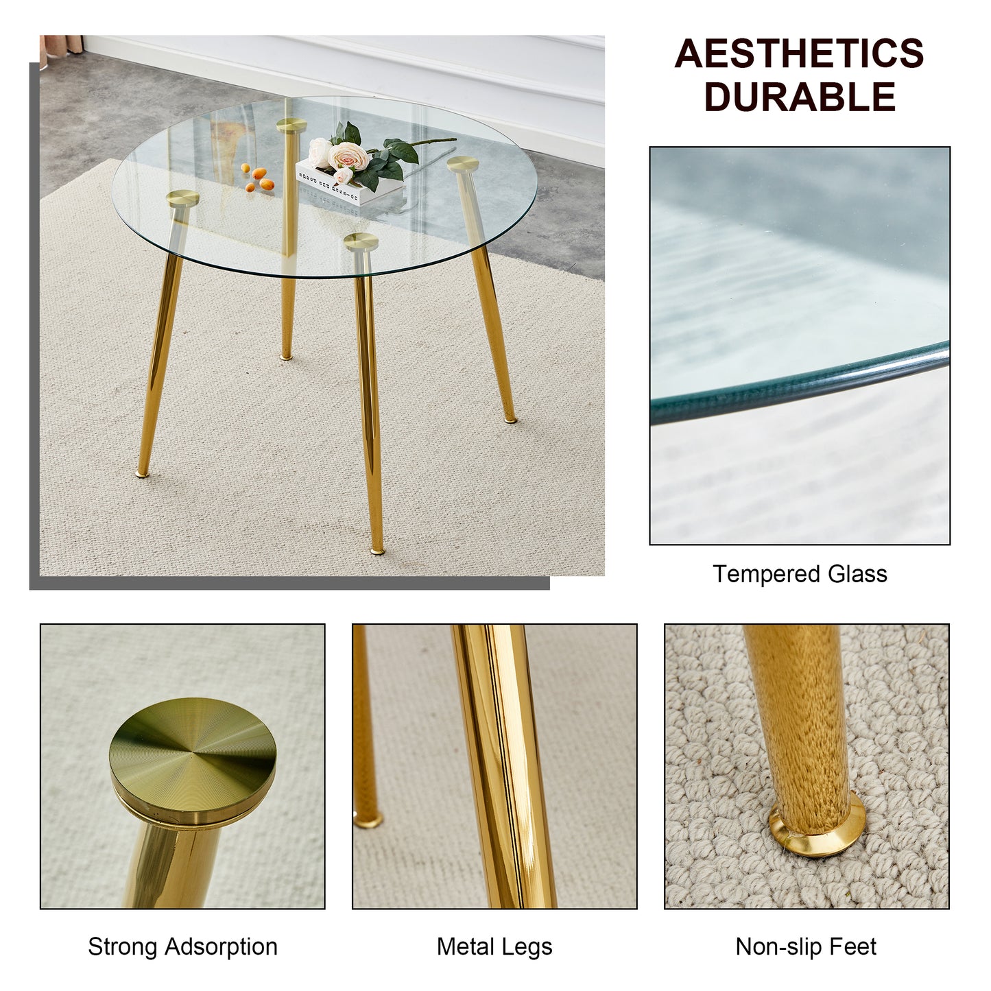 Circular Glass Dining Table 40 Inch Minimalist Gold Plated Legs