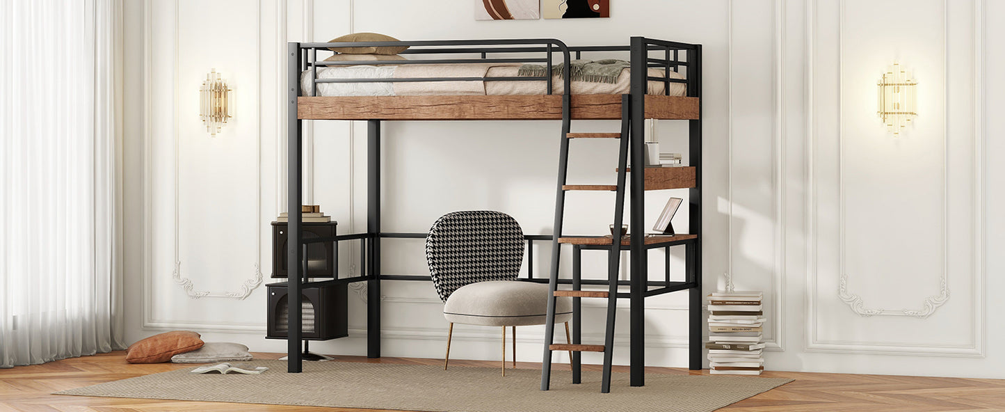 Black Metal Twin Loft Bed with Integrated Desk, Storage Shelf, and Ladder