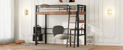 Black Metal Twin Loft Bed with Integrated Desk, Storage Shelf, and Ladder