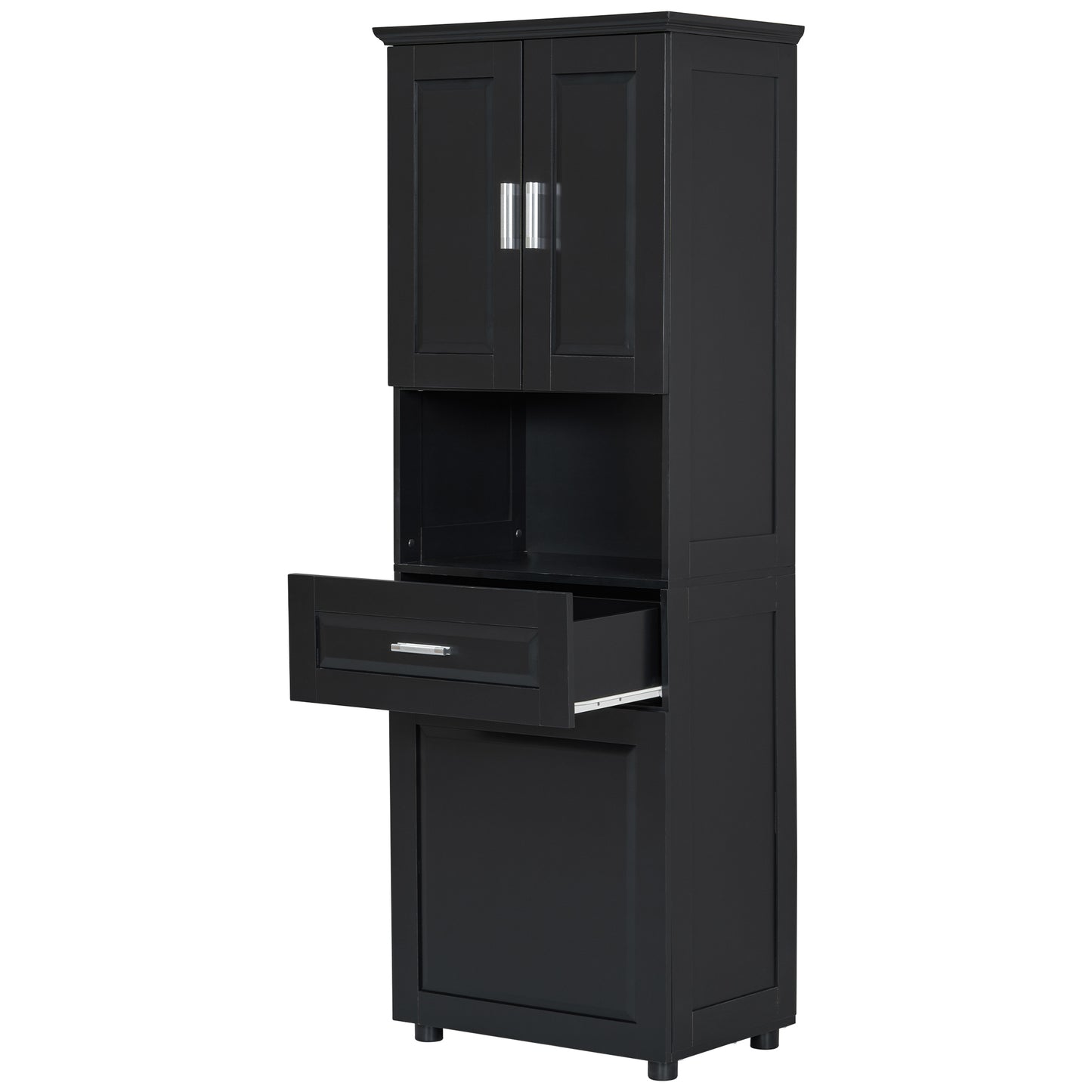 Stylish Tall Black Bathroom Storage Cabinet with Removable Laundry Basket and Ample Organizing Space