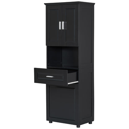 Stylish Tall Black Bathroom Storage Cabinet with Removable Laundry Basket and Ample Organizing Space